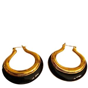 Vintage Stamped MONET Sculpted Gold Hoop Earrings | Textured & Black Enamel